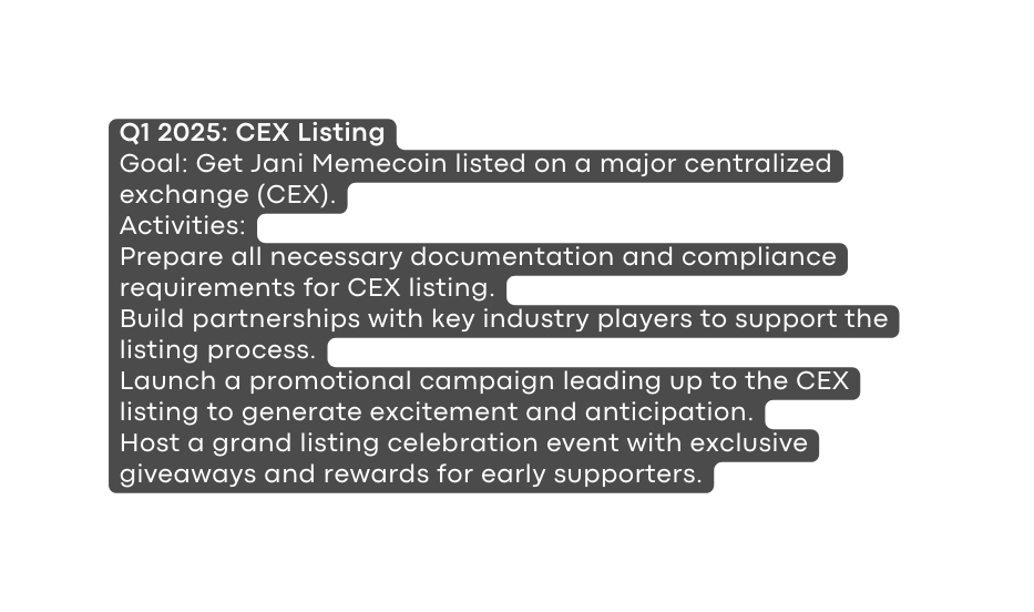 Q1 2025 CEX Listing Goal Get Jani Memecoin listed on a major centralized exchange CEX Activities Prepare all necessary documentation and compliance requirements for CEX listing Build partnerships with key industry players to support the listing process Launch a promotional campaign leading up to the CEX listing to generate excitement and anticipation Host a grand listing celebration event with exclusive giveaways and rewards for early supporters